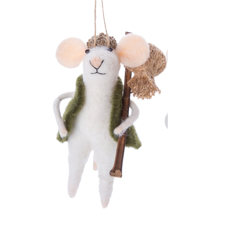 Felted Hiking Mouse with Walking Stick and Acorn Hat