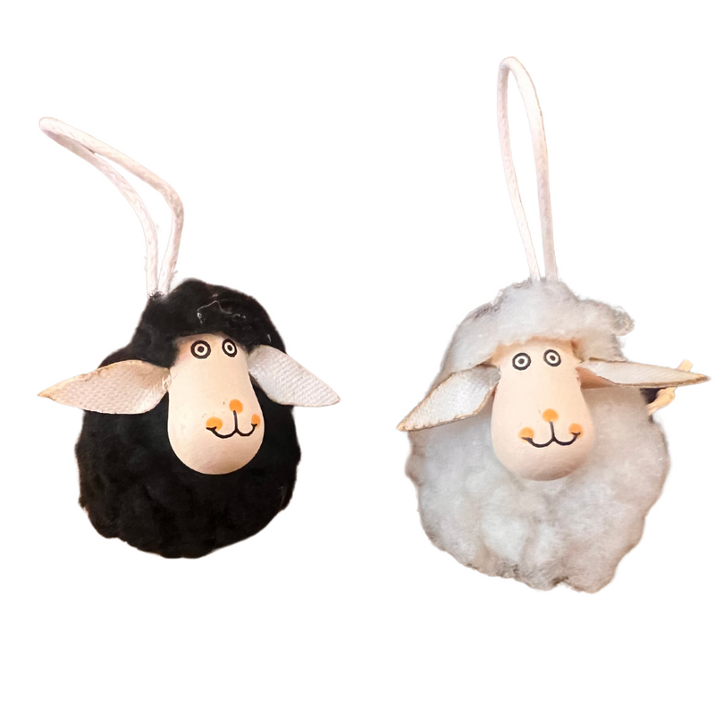 Wooly Sheep Ornaments with Wooden Faces