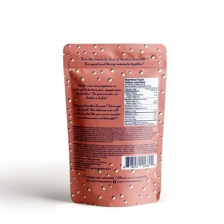 C'est BonBon Summer Fun Mix Gluten Free Squish Candy - a pink bag full of candy! Photo shows the backside of the bag.