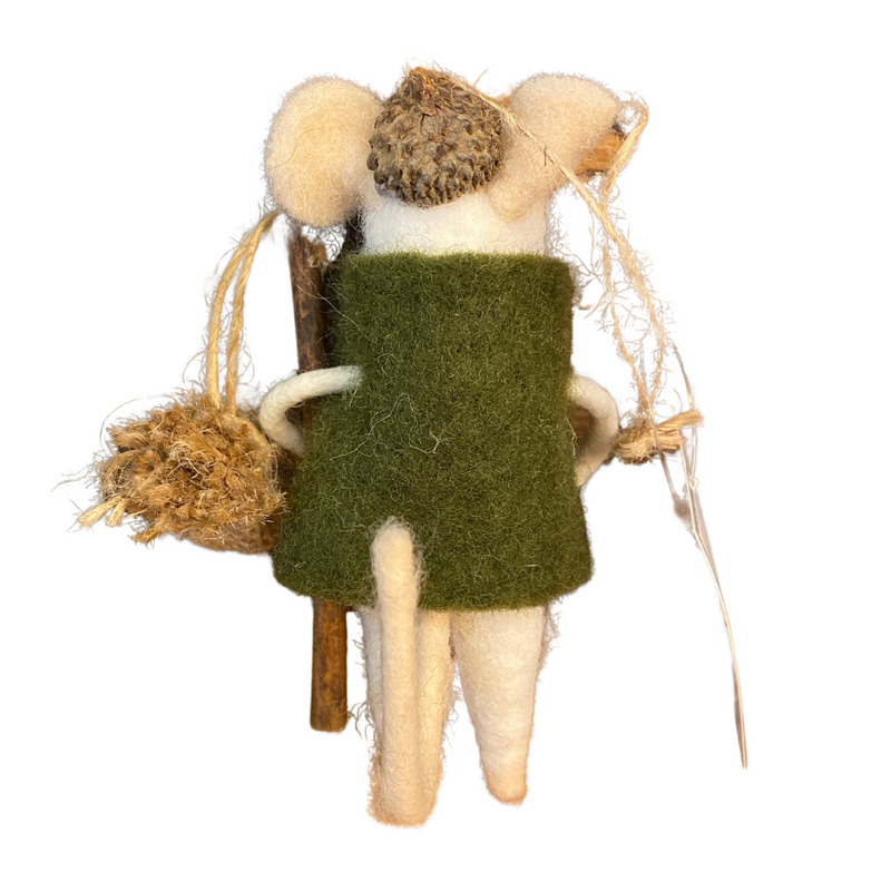 Felted Hiking Mouse with Walking Stick and Acorn Hat