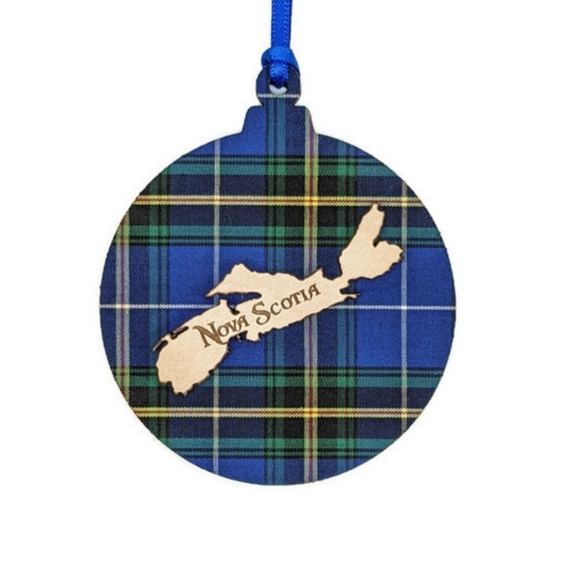 Nova scotia tartan bulb ornament by salt air collections. made in nova scotia ornament that is bulb-shaped and in the middle is a cutout of the province of nova scotia with the words nova scotia ornament. the bulb is filled in with the tartan
