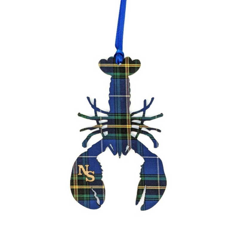 nova scotia tartan lobster ornament by salt air collections. made in nova scotia ornament that is lobster-shaped and coloured with the blue, green, yellow and black of the nova scotia tartan