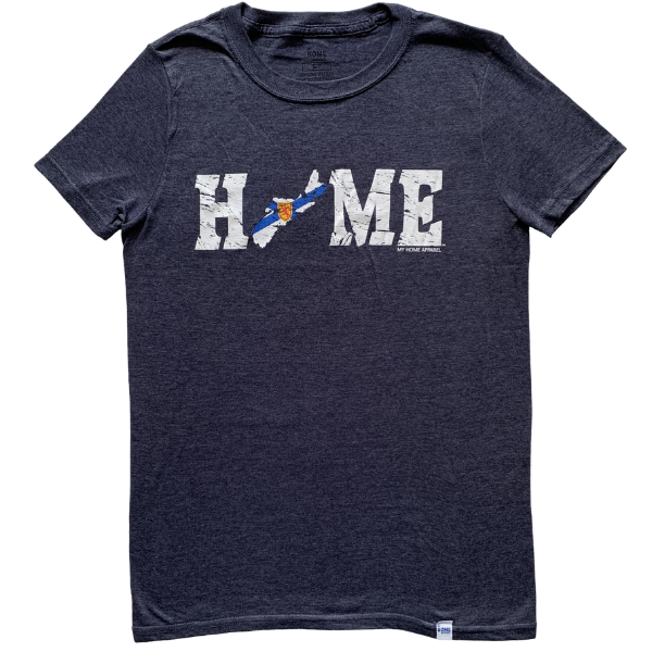 Product photo of our Nova Scotia HOME flag Unisex t-shirt. Navy haze t-shirt made and printed in Truro, Nova Scotia with the word HOME printed in large white letters across the chest. A small outline of the province of nova scotia replaced the O in home.