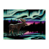 sky dance king of the north by amy keller-rempp. Beautiful artwork by indigenous artist features a beautiful northern lights sky-scape that is reflecting on the lake and a moose in the foreground
