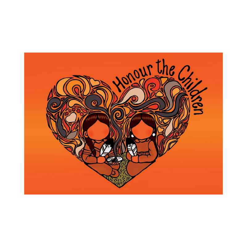 honour the children by jackie traverse. Orange background with a heart and two people smudging in the middle. "honour the children" is written around the heart