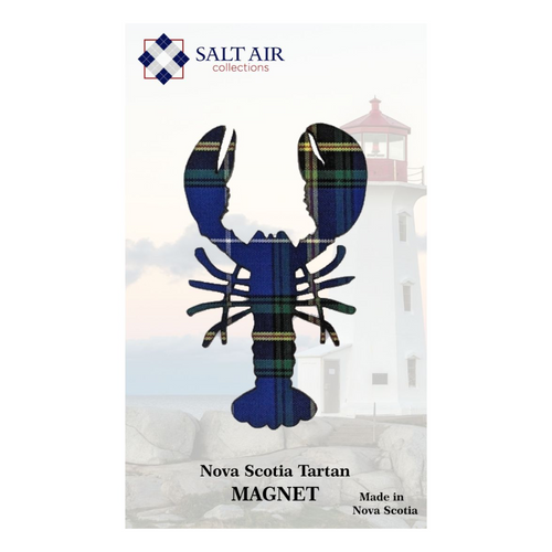 Nova Scotia tartan lobster magnets by salt air collections. made in Nova Scotia magnets that are lobster shaped and feature the Nova Scotia tartan
