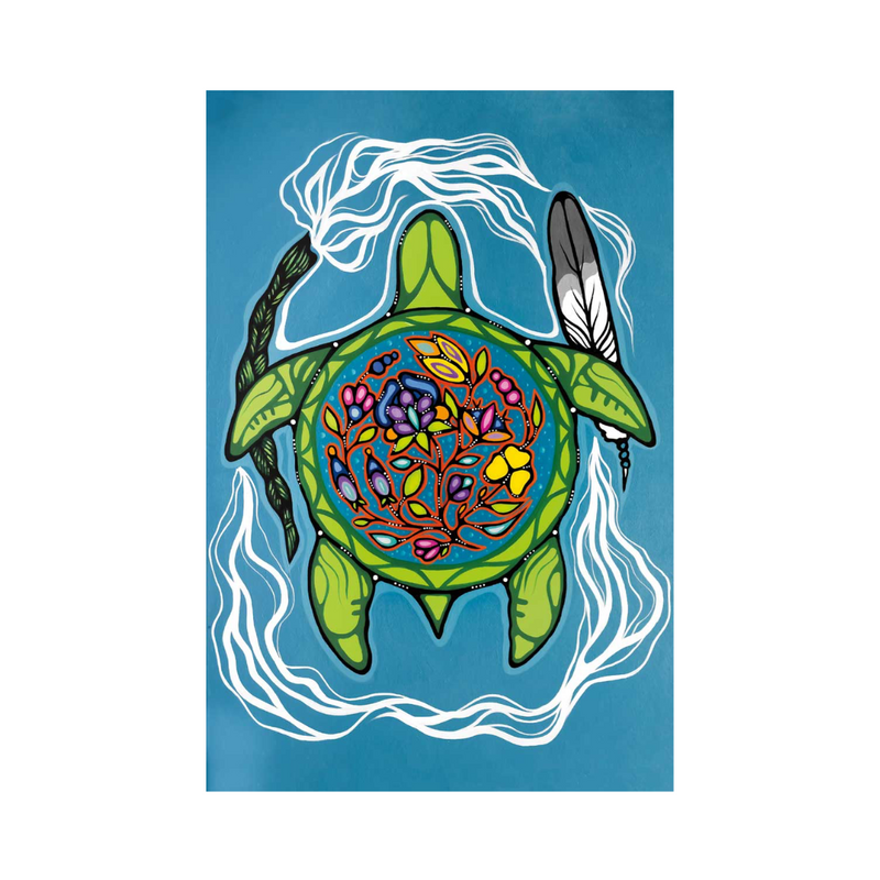 prayers for turtle island by jackie traverse. blue background with a turtle with beautiful flowers and leaves painted on their back holding a feather