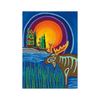 spirit of the mooz by patrick hunter. blues, purples and yellows in the sun backdrop with a colourful moose in the foreground by a body of water and grass